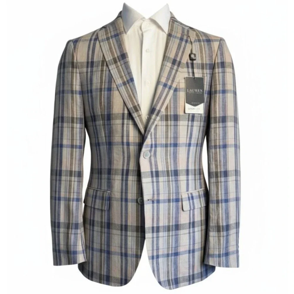 RALPH LAUREN Mens Blazer Sport Coat Two Button Jacket 44L Blue/Beige Linen Suits